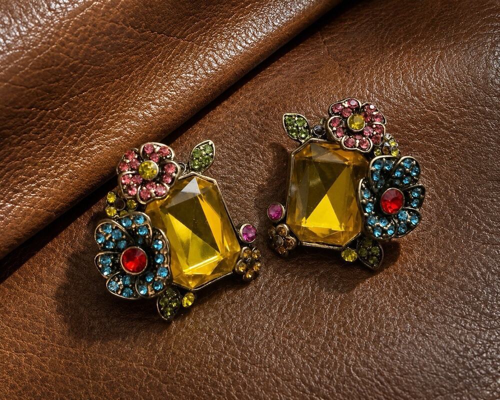 Antique Floral Earrings Gold VTG Museum Art Romantic Cottagecore Stud Statement